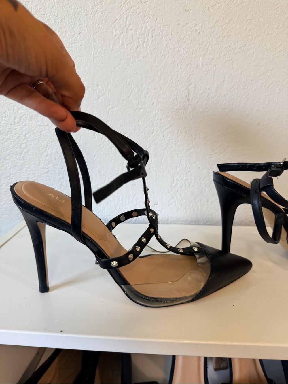 Aldo Black Studded T-Strap Pointed High Heels